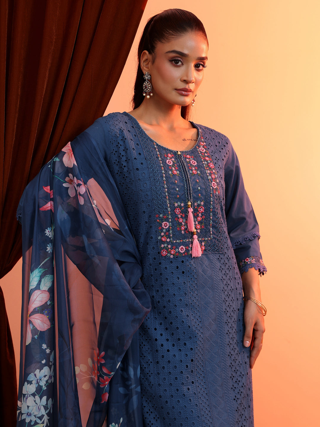 Blue Embroidered Cotton Straight Suit Set With Dupatta