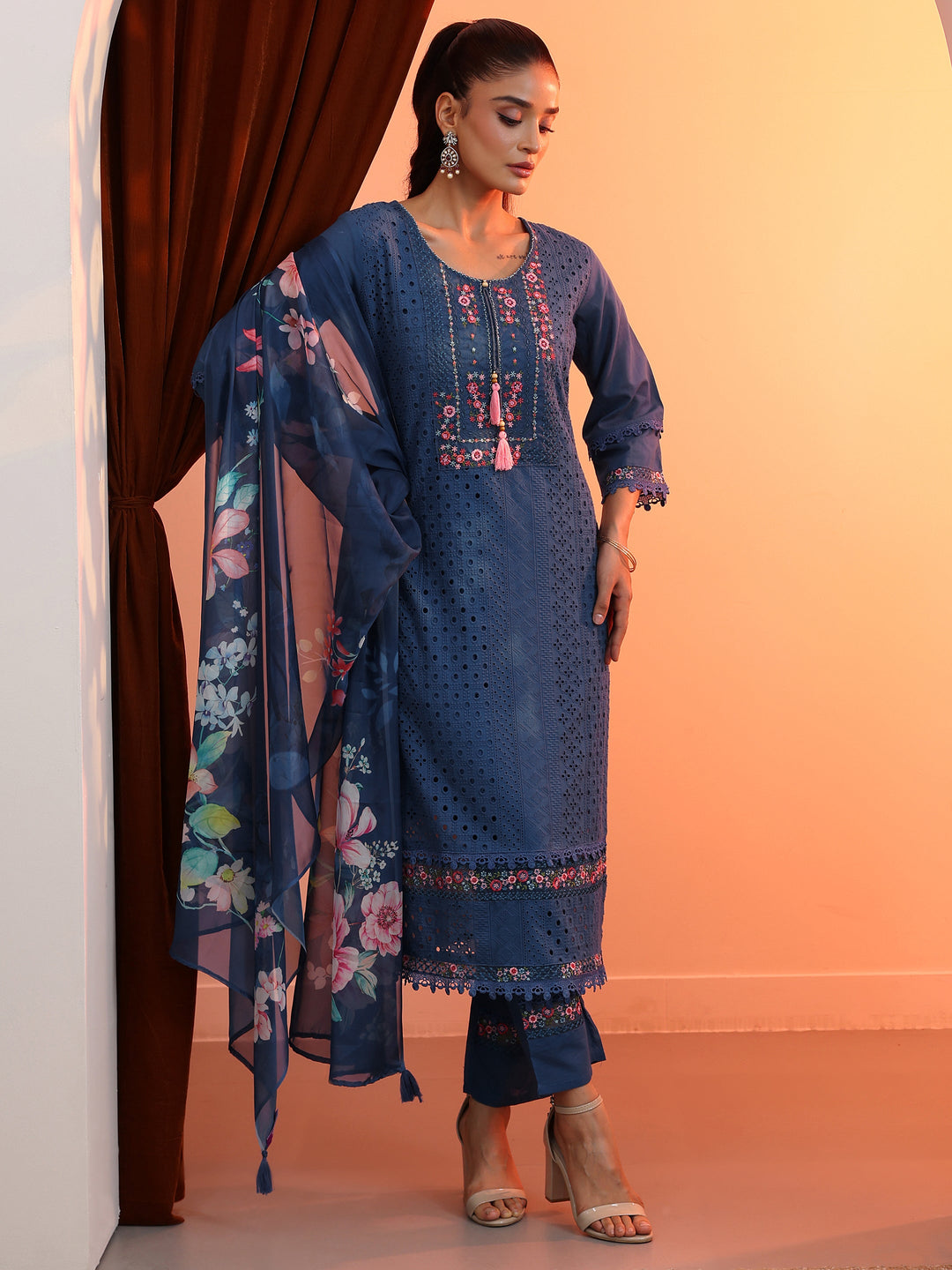 Blue Embroidered Cotton Straight Suit Set With Dupatta