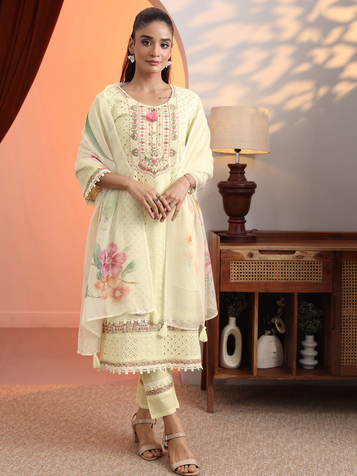 Off White Embroidered Cotton Straight Suit Set With Dupatta