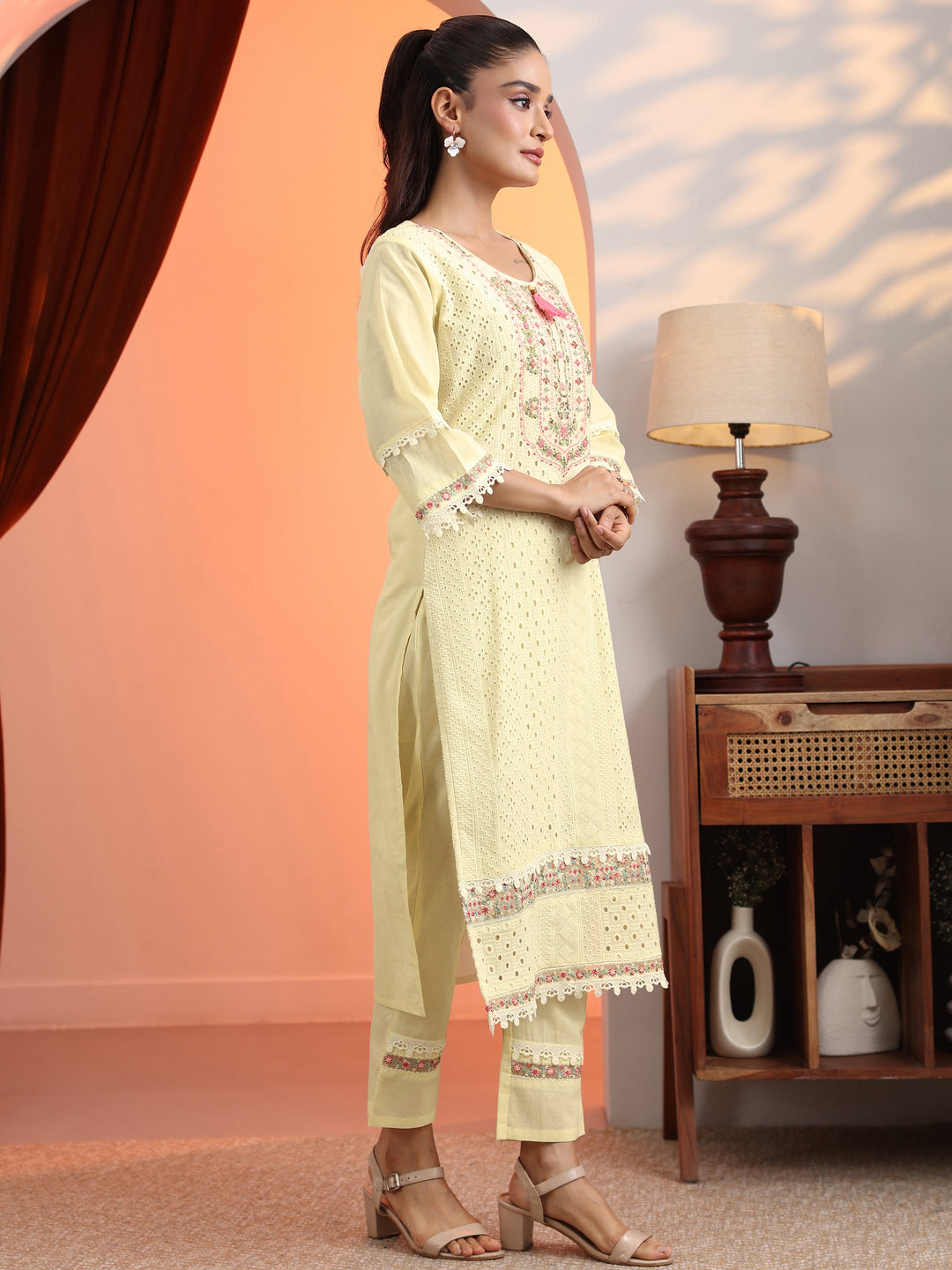 Off White Embroidered Cotton Straight Suit Set With Dupatta
