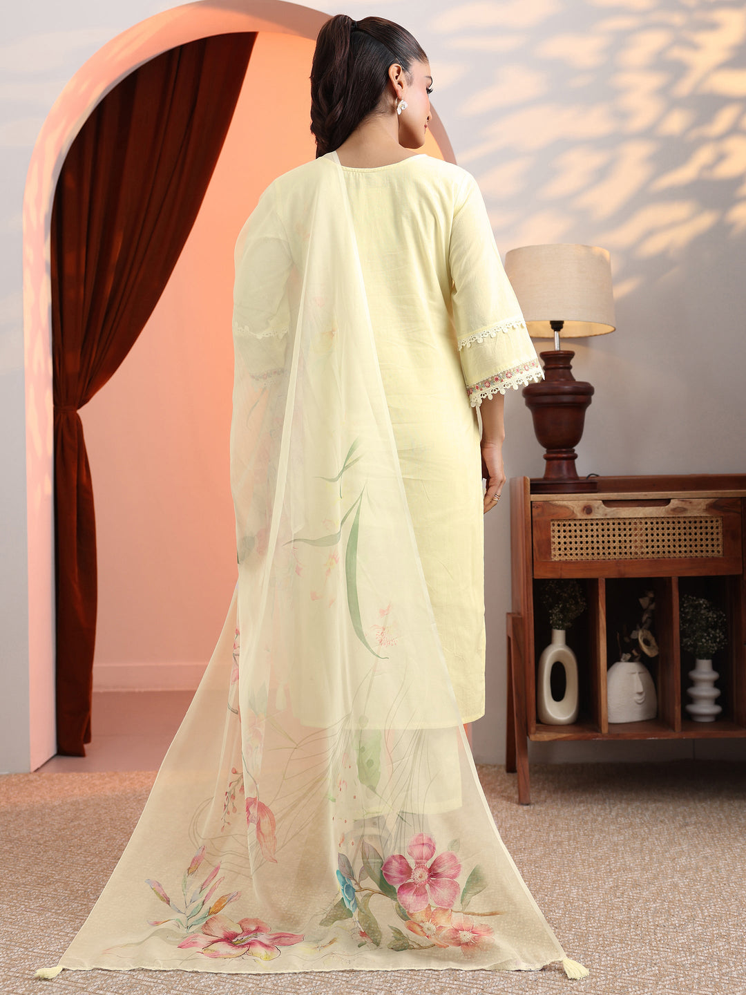 Off White Embroidered Cotton Straight Suit Set With Dupatta