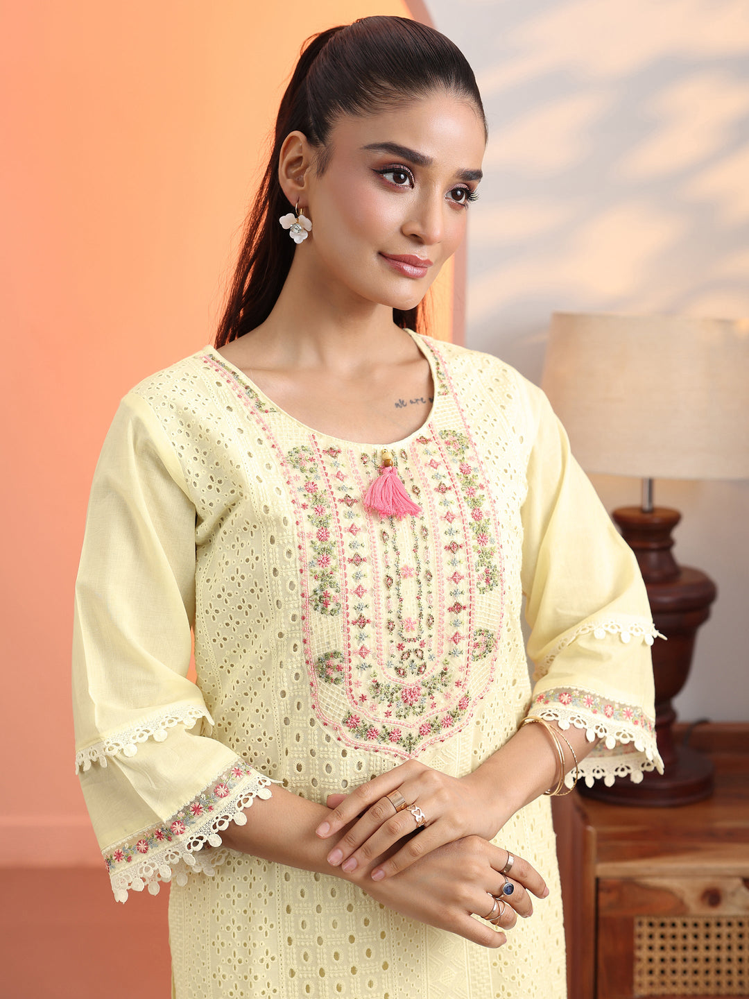 Off White Embroidered Cotton Straight Suit Set With Dupatta