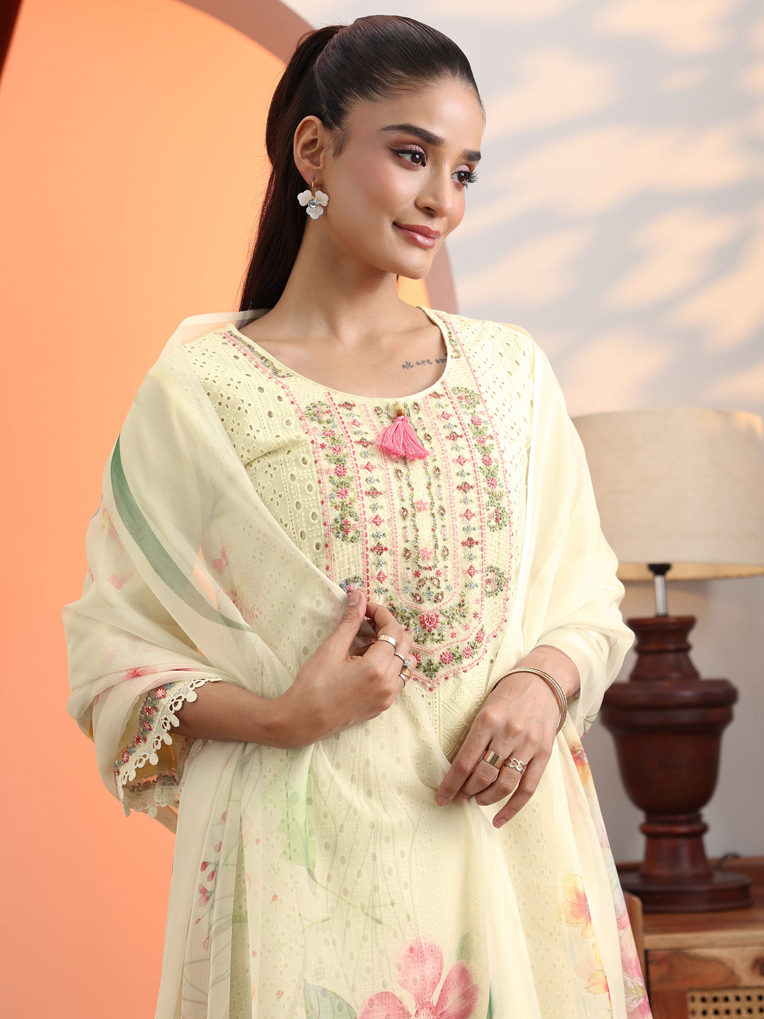 Off White Embroidered Cotton Straight Suit Set With Dupatta