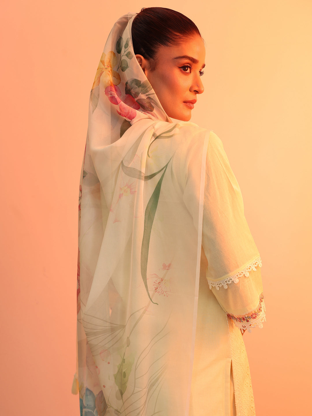 Off White Embroidered Cotton Straight Suit Set With Dupatta
