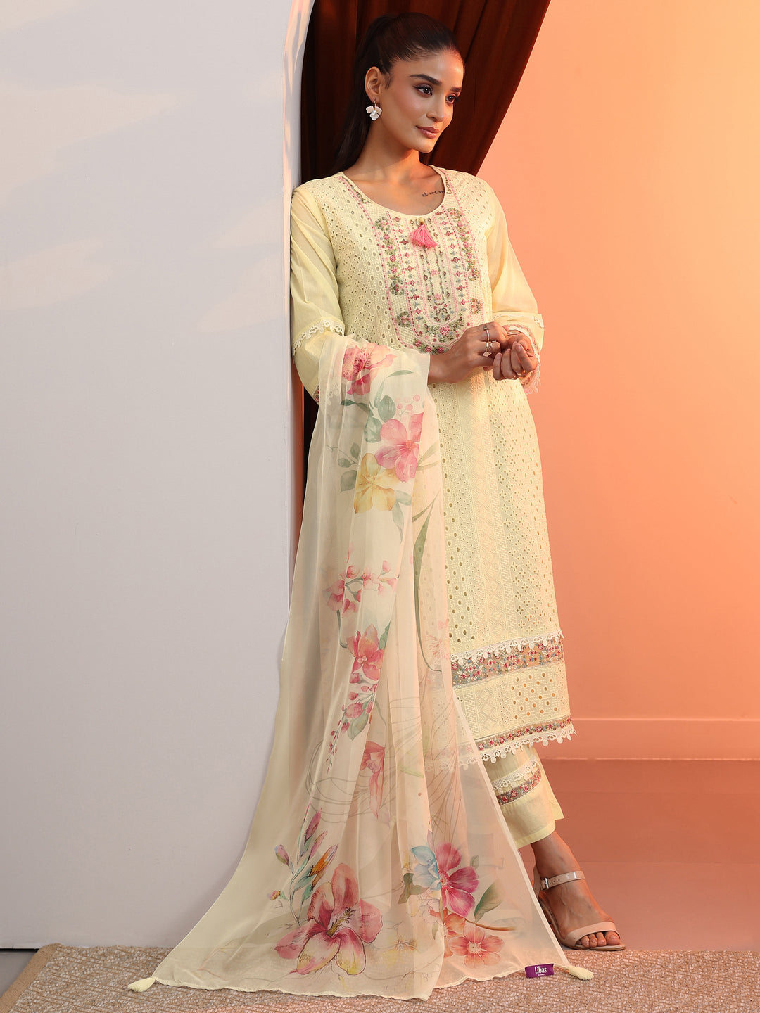 Off White Embroidered Cotton Straight Suit Set With Dupatta