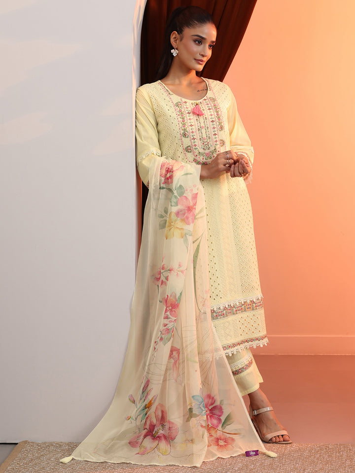 Off White Embroidered Cotton Straight Suit Set With Dupatta