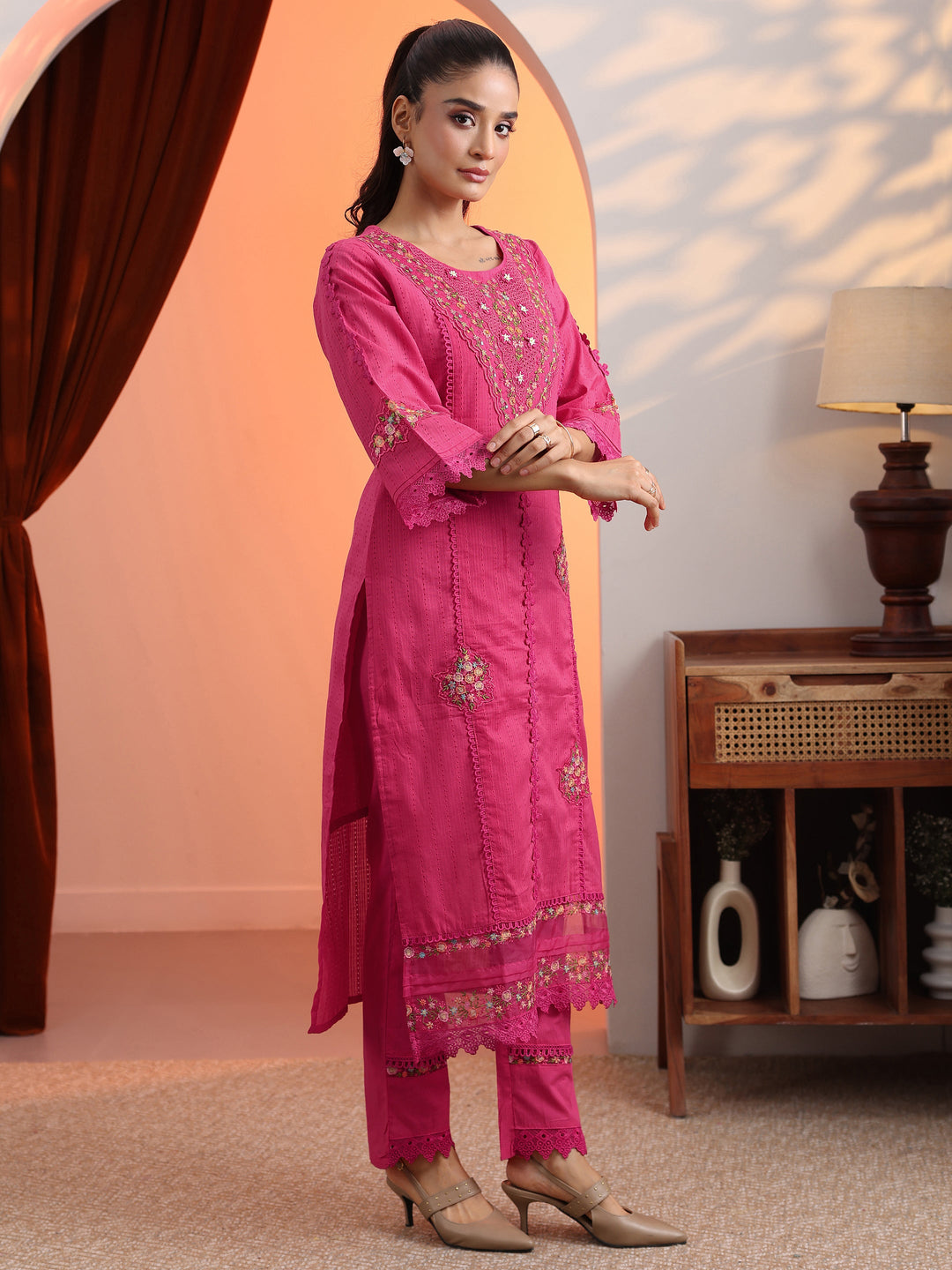 Coral Embroidered Cotton Straight Suit Set With Dupatta