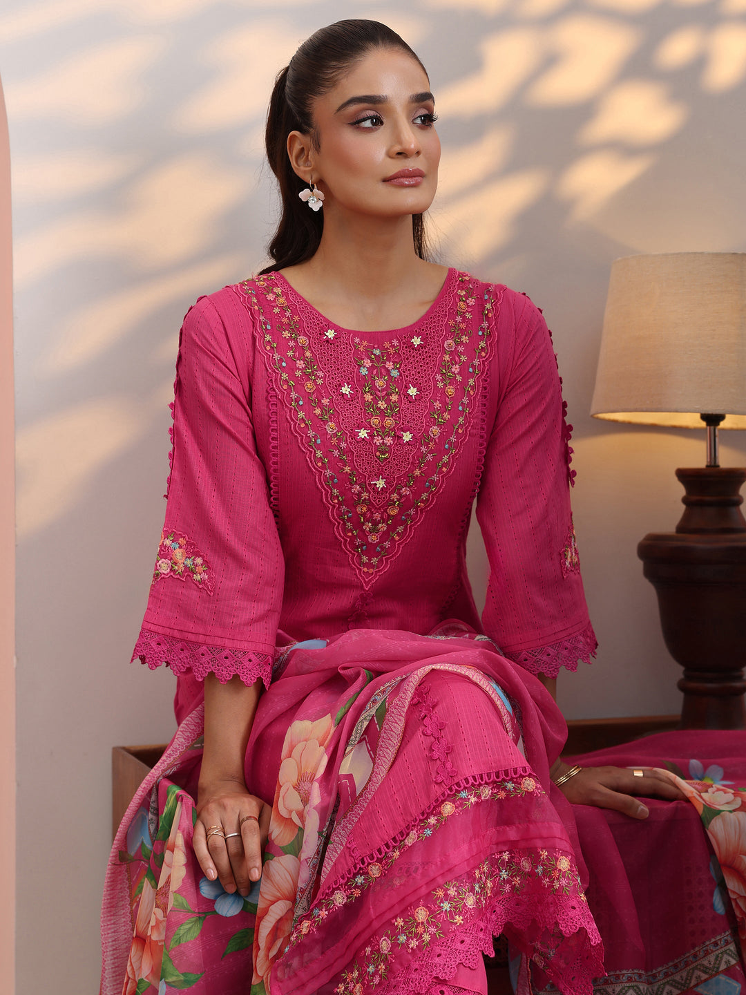 Coral Embroidered Cotton Straight Suit Set With Dupatta