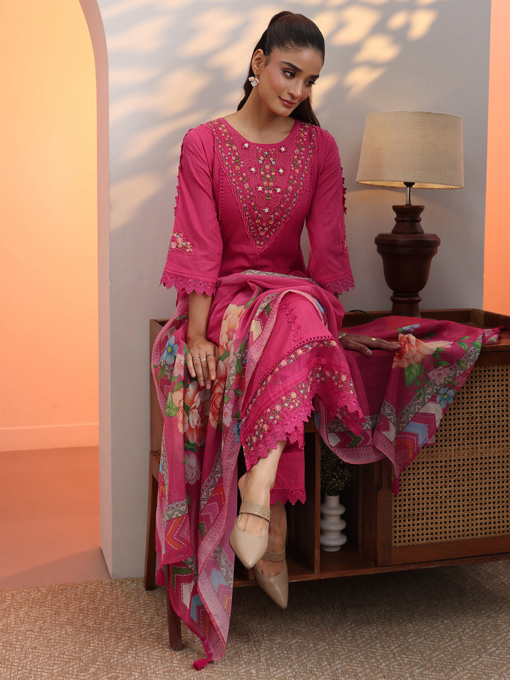Coral Embroidered Cotton Straight Suit Set With Dupatta