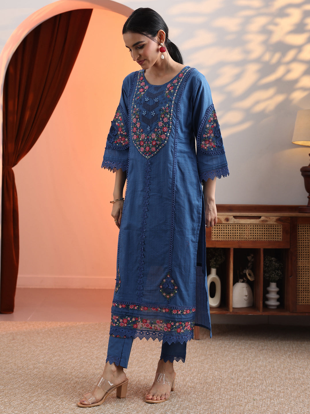 Blue Embroidered Cotton Straight Suit Set With Dupatta