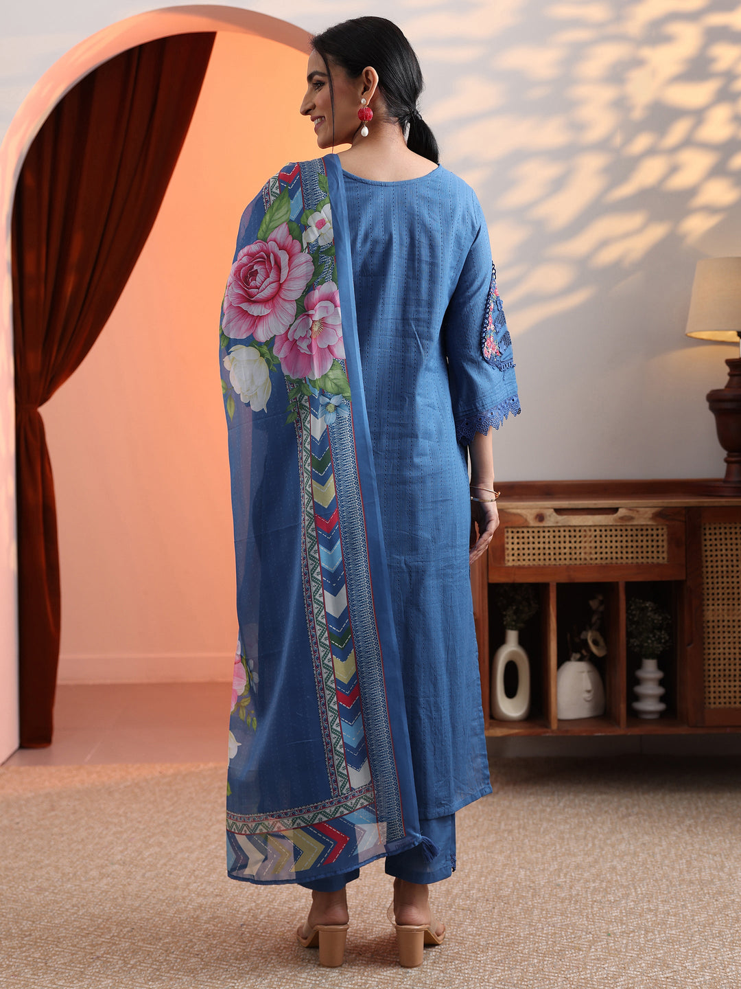 Blue Embroidered Cotton Straight Suit Set With Dupatta
