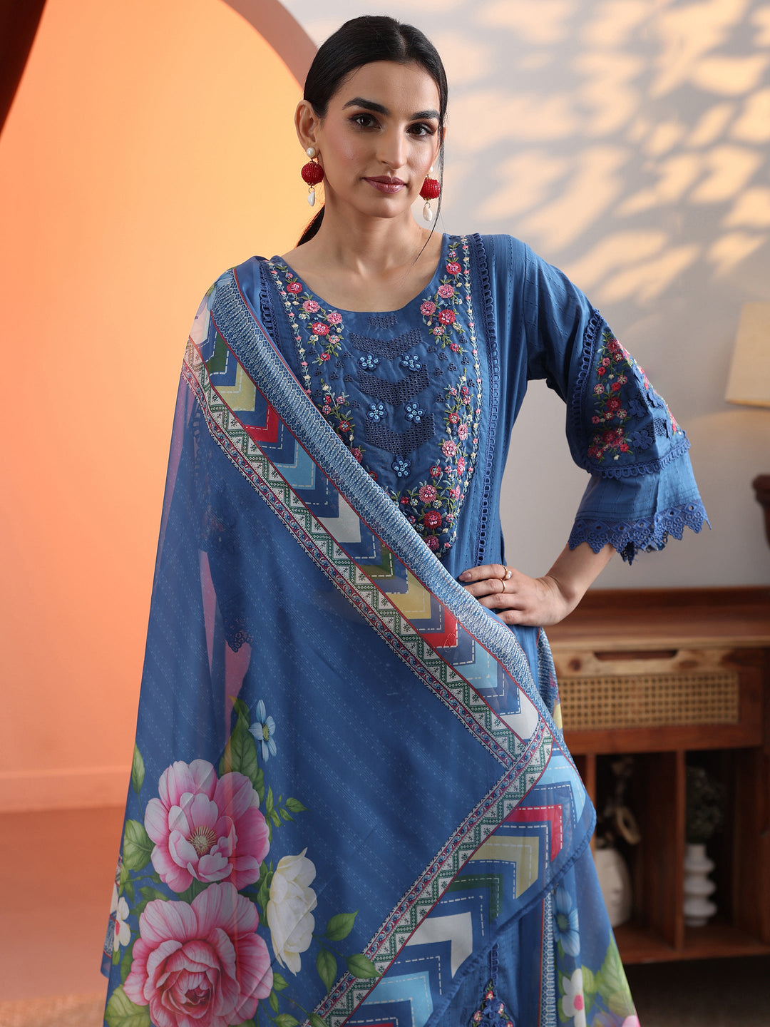 Blue Embroidered Cotton Straight Suit Set With Dupatta