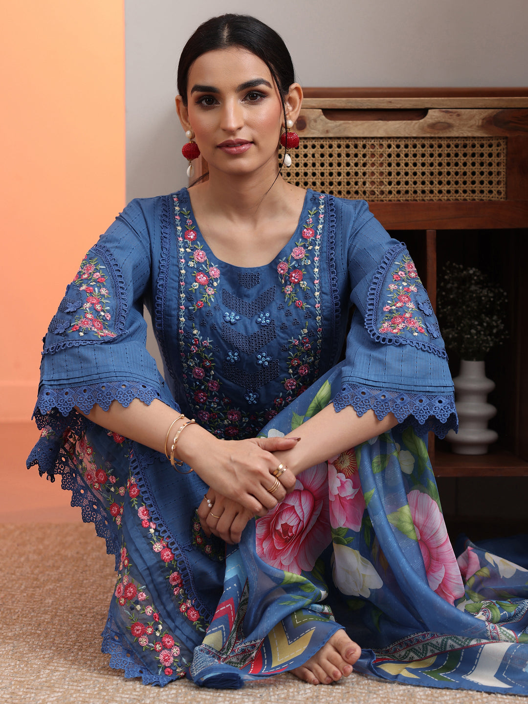Blue Embroidered Cotton Straight Suit Set With Dupatta