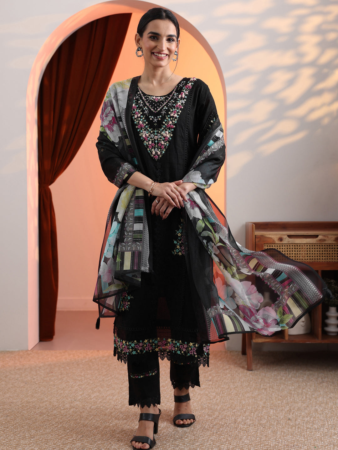 Black Embroidered Cotton Straight Suit Set With Dupatta