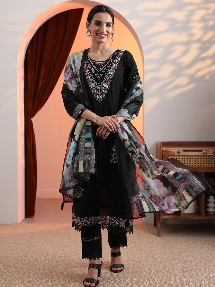 Black Embroidered Cotton Straight Suit Set With Dupatta