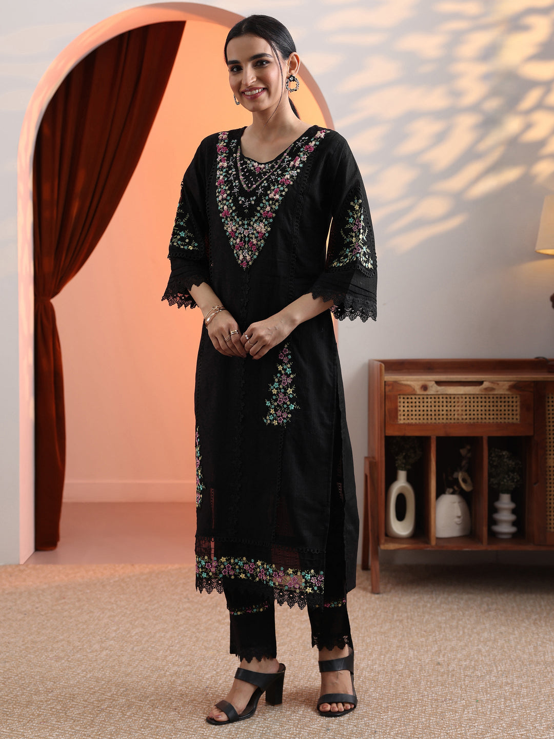 Black Embroidered Cotton Straight Suit Set With Dupatta