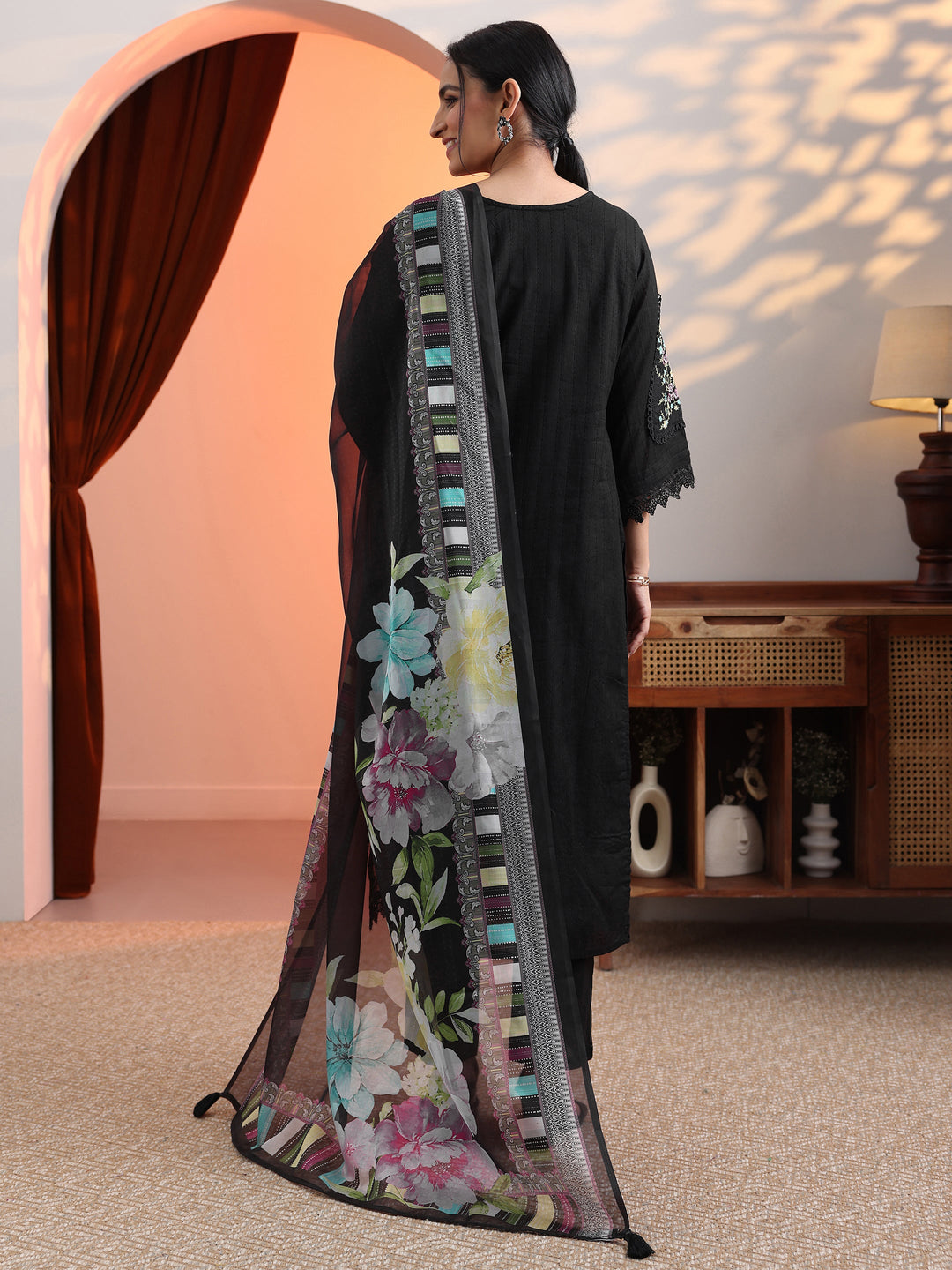 Black Embroidered Cotton Straight Suit Set With Dupatta