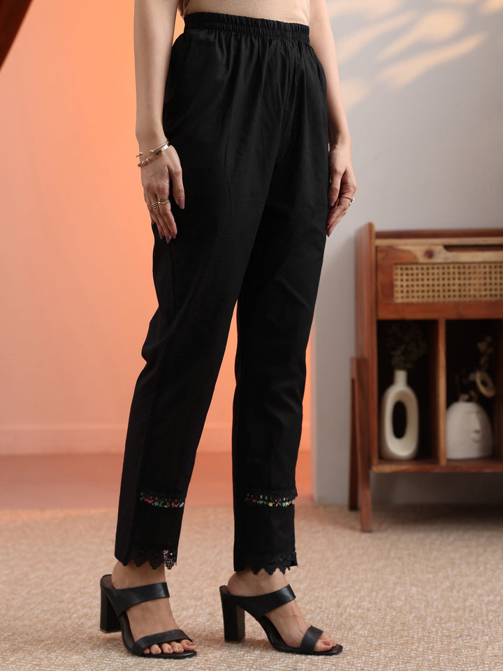 Black Embroidered Cotton Straight Suit Set With Dupatta