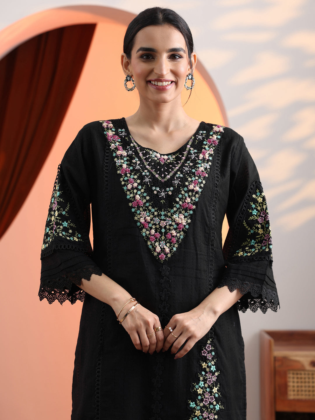 Black Embroidered Cotton Straight Suit Set With Dupatta
