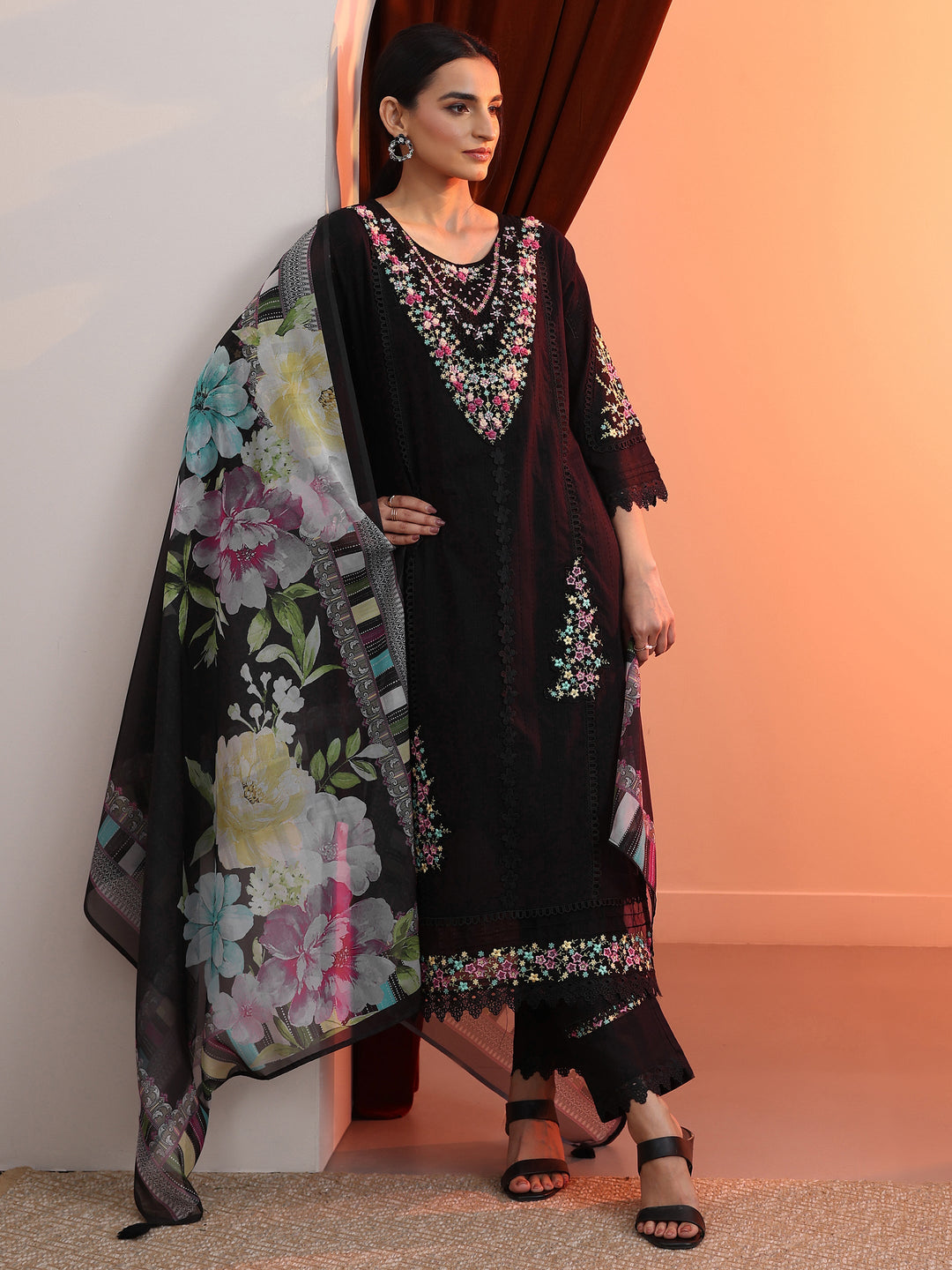 Black Embroidered Cotton Straight Suit Set With Dupatta