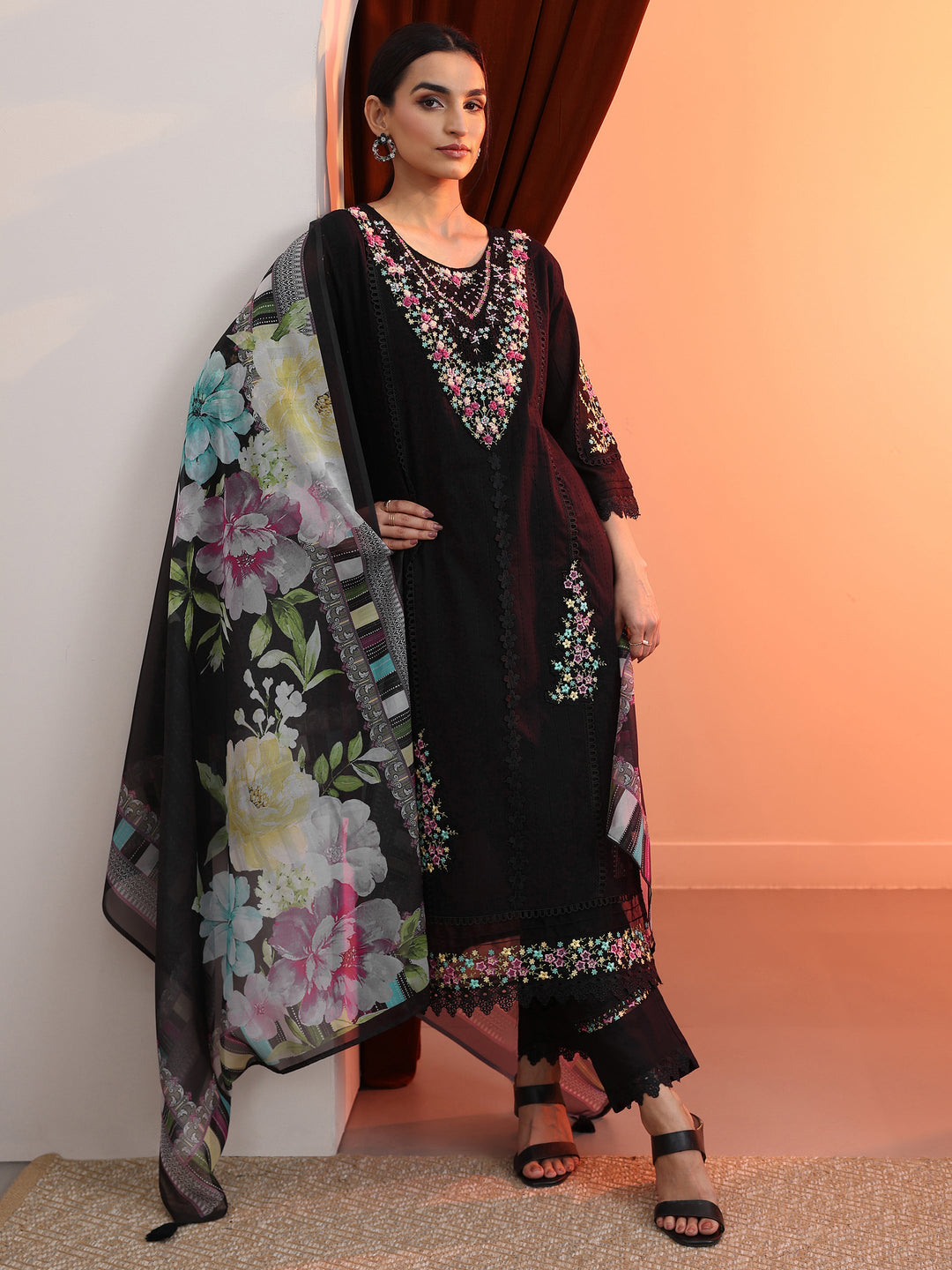 Black Embroidered Cotton Straight Suit Set With Dupatta