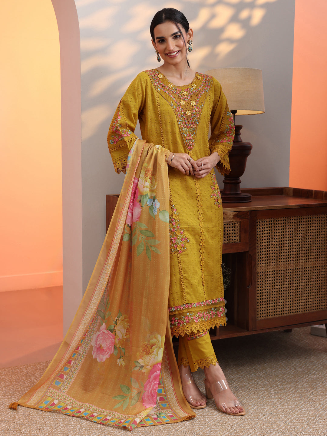 Mustard Embroidered Cotton Straight Suit Set With Dupatta