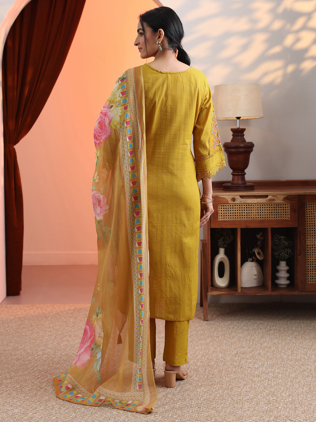 Mustard Embroidered Cotton Straight Suit Set With Dupatta