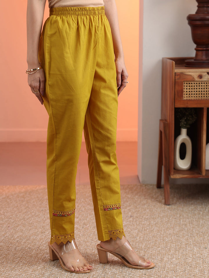 Mustard Embroidered Cotton Straight Suit Set With Dupatta