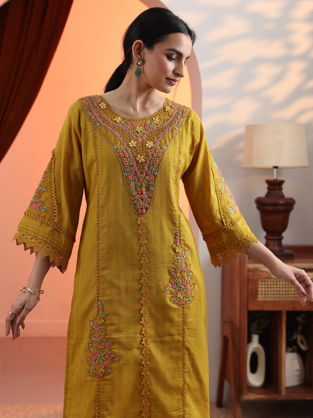 Mustard Embroidered Cotton Straight Suit Set With Dupatta