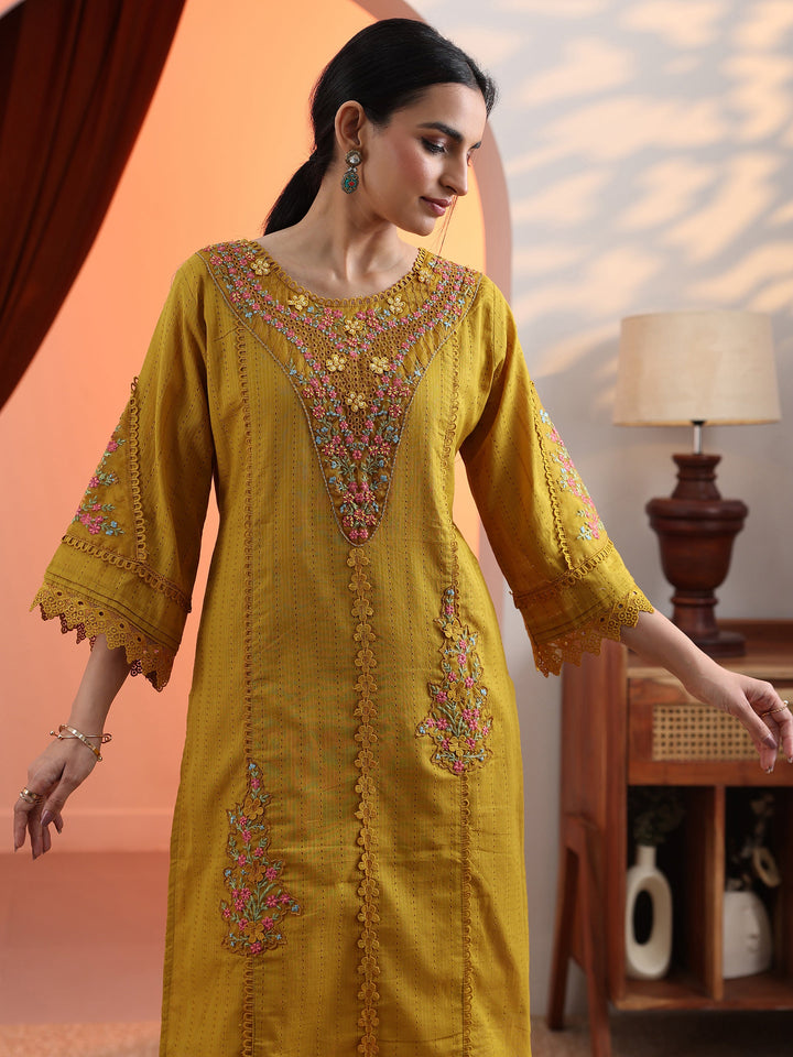 Mustard Embroidered Cotton Straight Suit Set With Dupatta