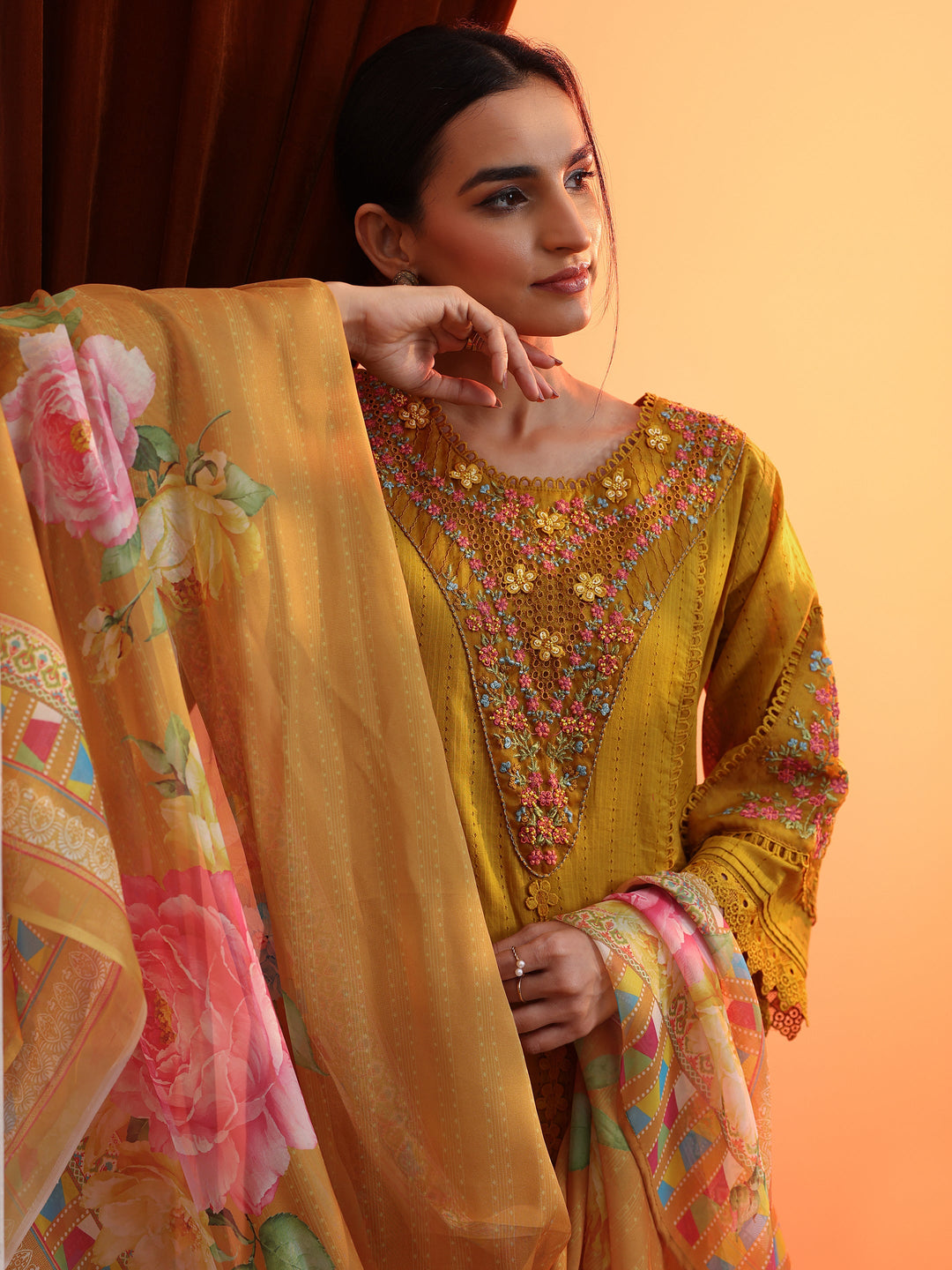 Mustard Embroidered Cotton Straight Suit Set With Dupatta