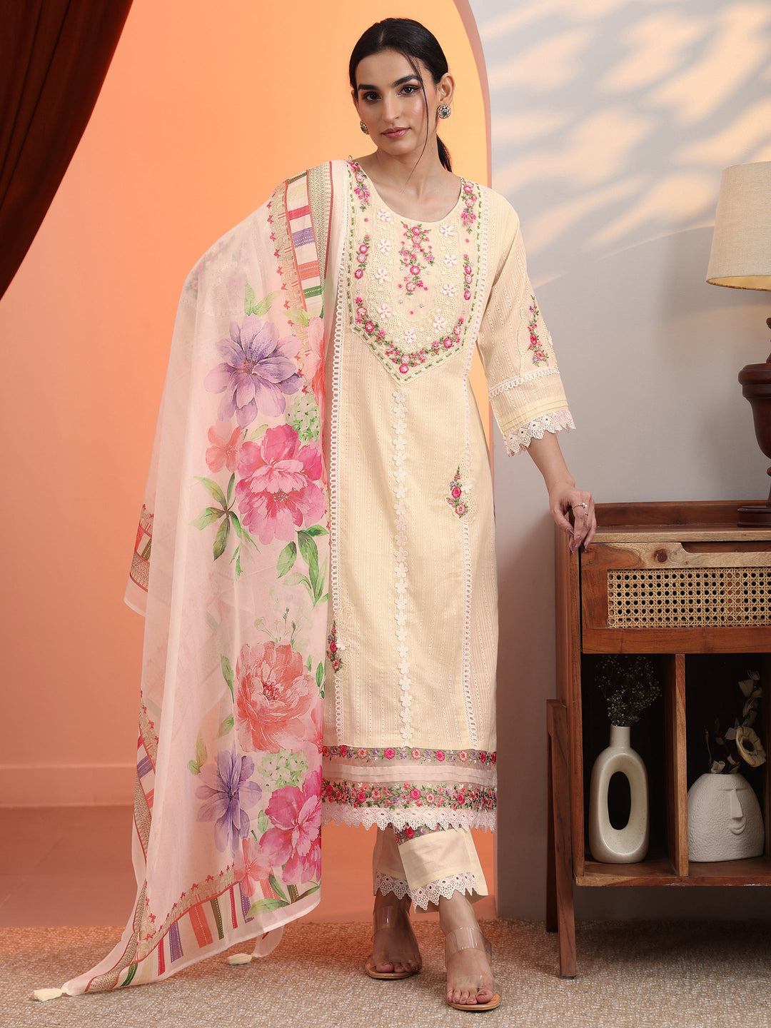 Off White Embroidered Cotton Straight Suit Set With Dupatta