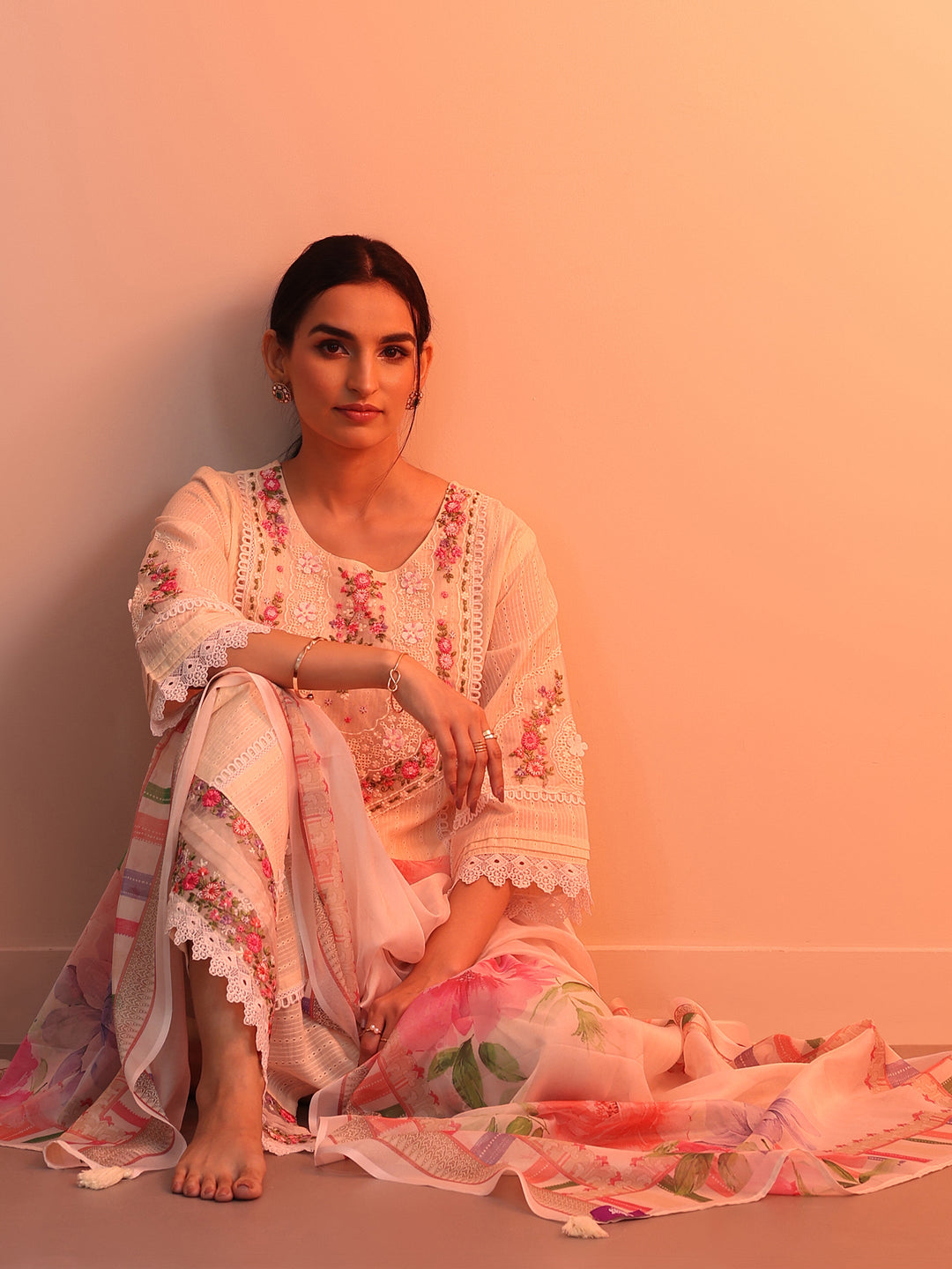 Off White Embroidered Cotton Straight Suit Set With Dupatta