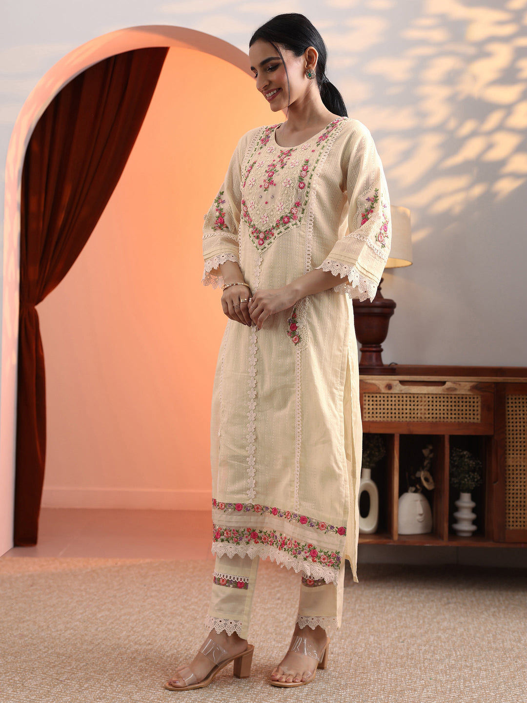 Off White Embroidered Cotton Straight Suit Set With Dupatta