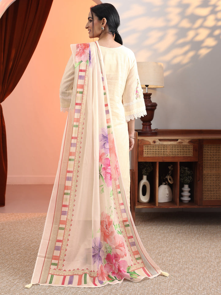 Off White Embroidered Cotton Straight Suit Set With Dupatta