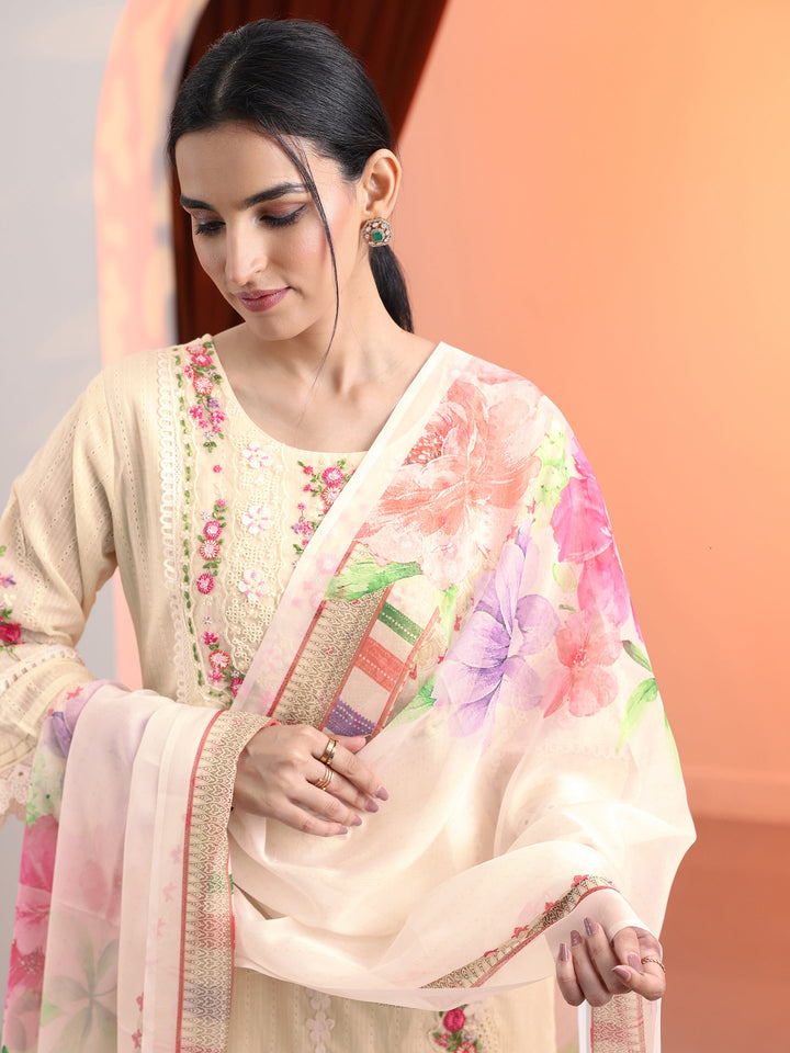 Off White Embroidered Cotton Straight Suit Set With Dupatta