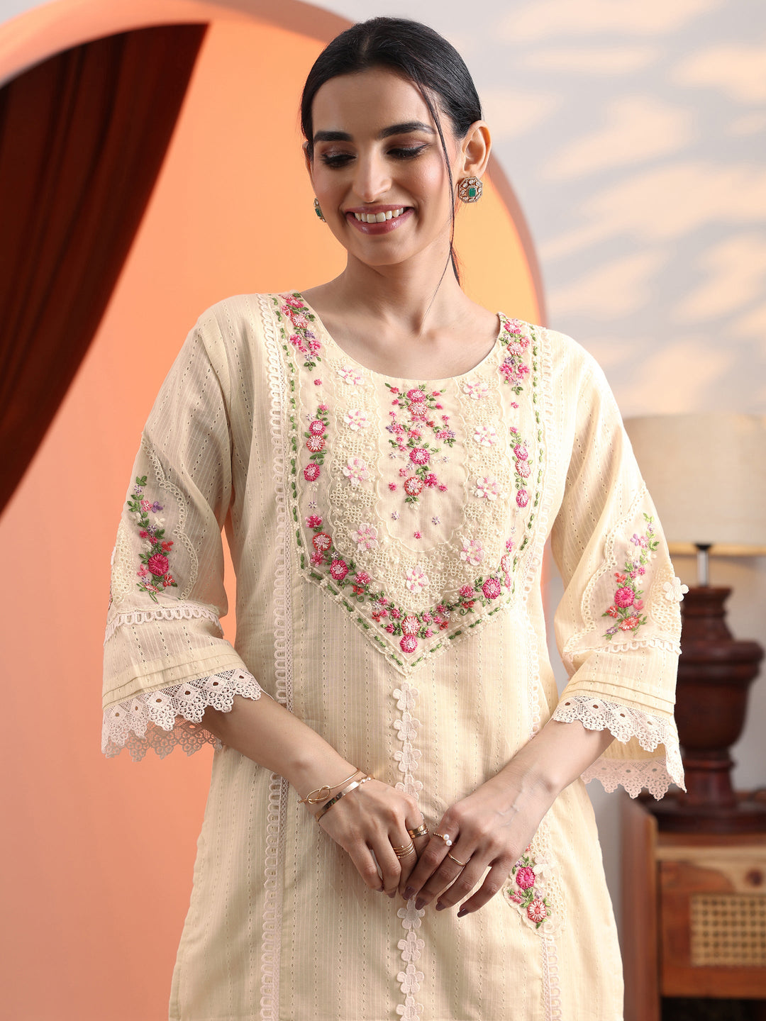 Off White Embroidered Cotton Straight Suit Set With Dupatta