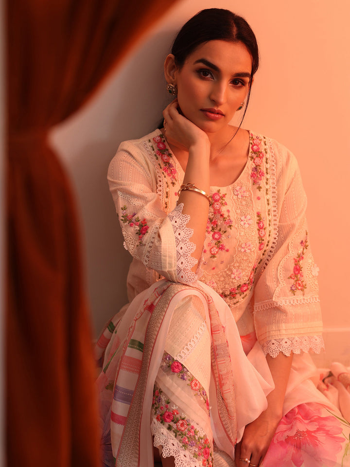 Off White Embroidered Cotton Straight Suit Set With Dupatta