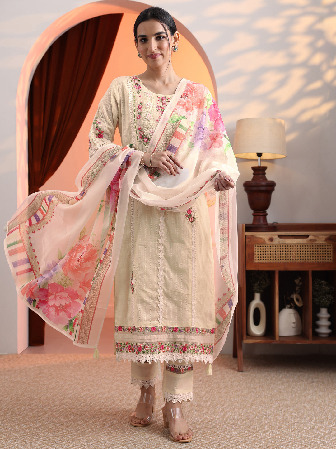 Off White Embroidered Cotton Straight Suit Set With Dupatta