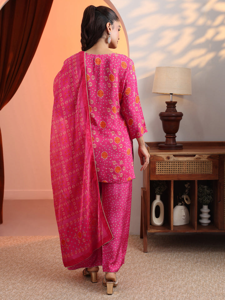 Pink Printed Muslin Straight Suit Set With Dupatta