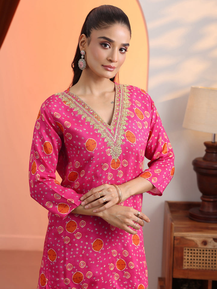 Pink Printed Muslin Straight Suit Set With Dupatta