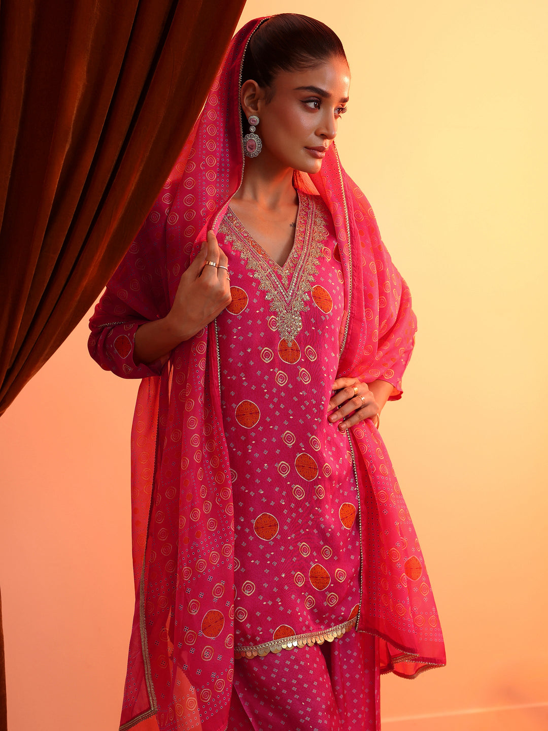 Pink Printed Muslin Straight Suit Set With Dupatta