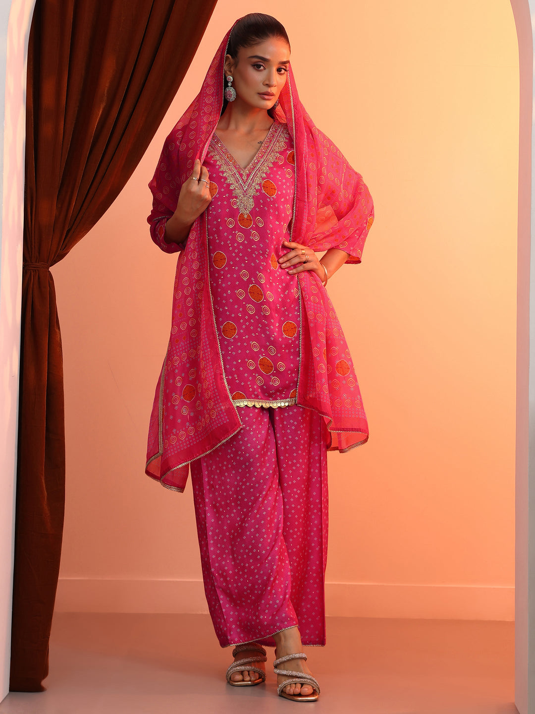 Pink Printed Muslin Straight Suit Set With Dupatta