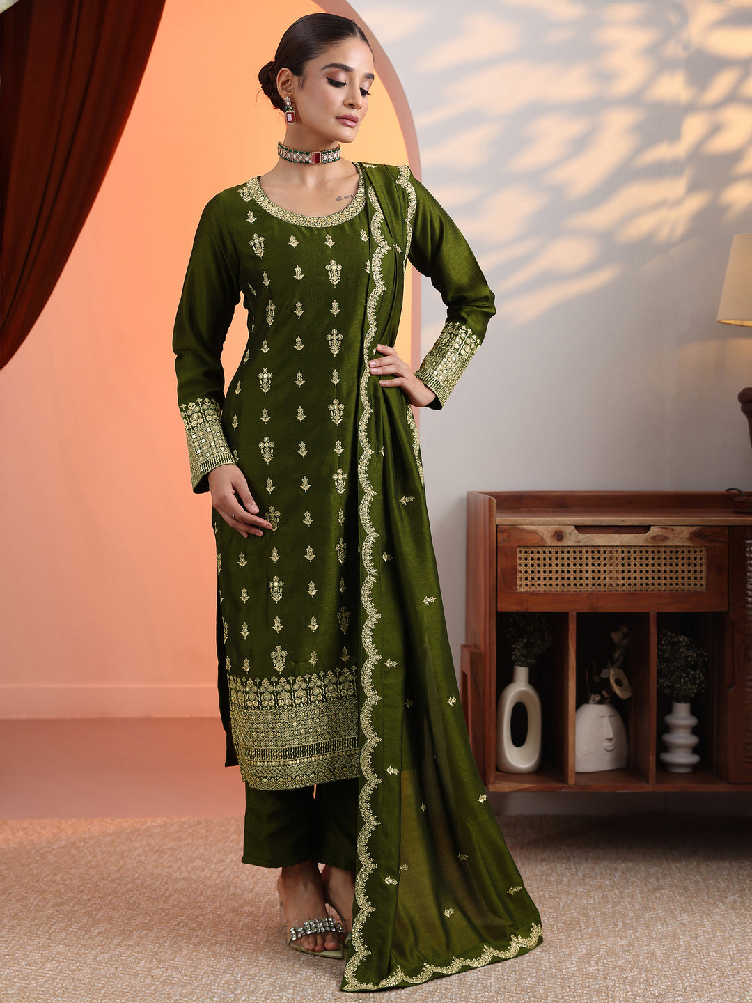 Olive Embroidered Chinon Straight Suit Set With Dupatta