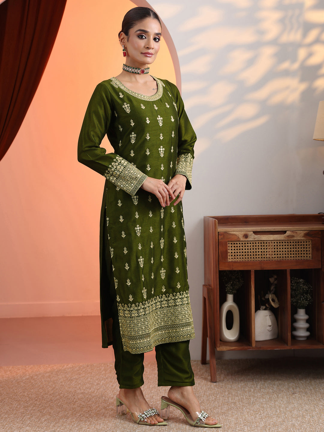 Olive Embroidered Chinon Straight Suit Set With Dupatta