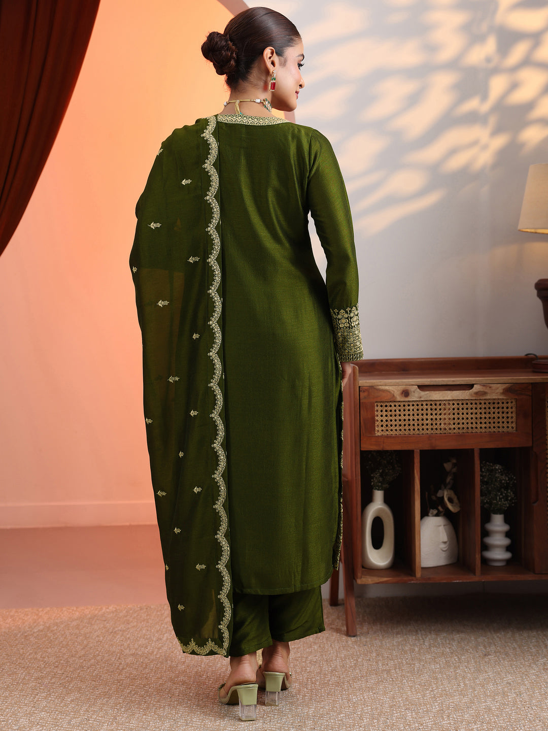 Olive Embroidered Chinon Straight Suit Set With Dupatta