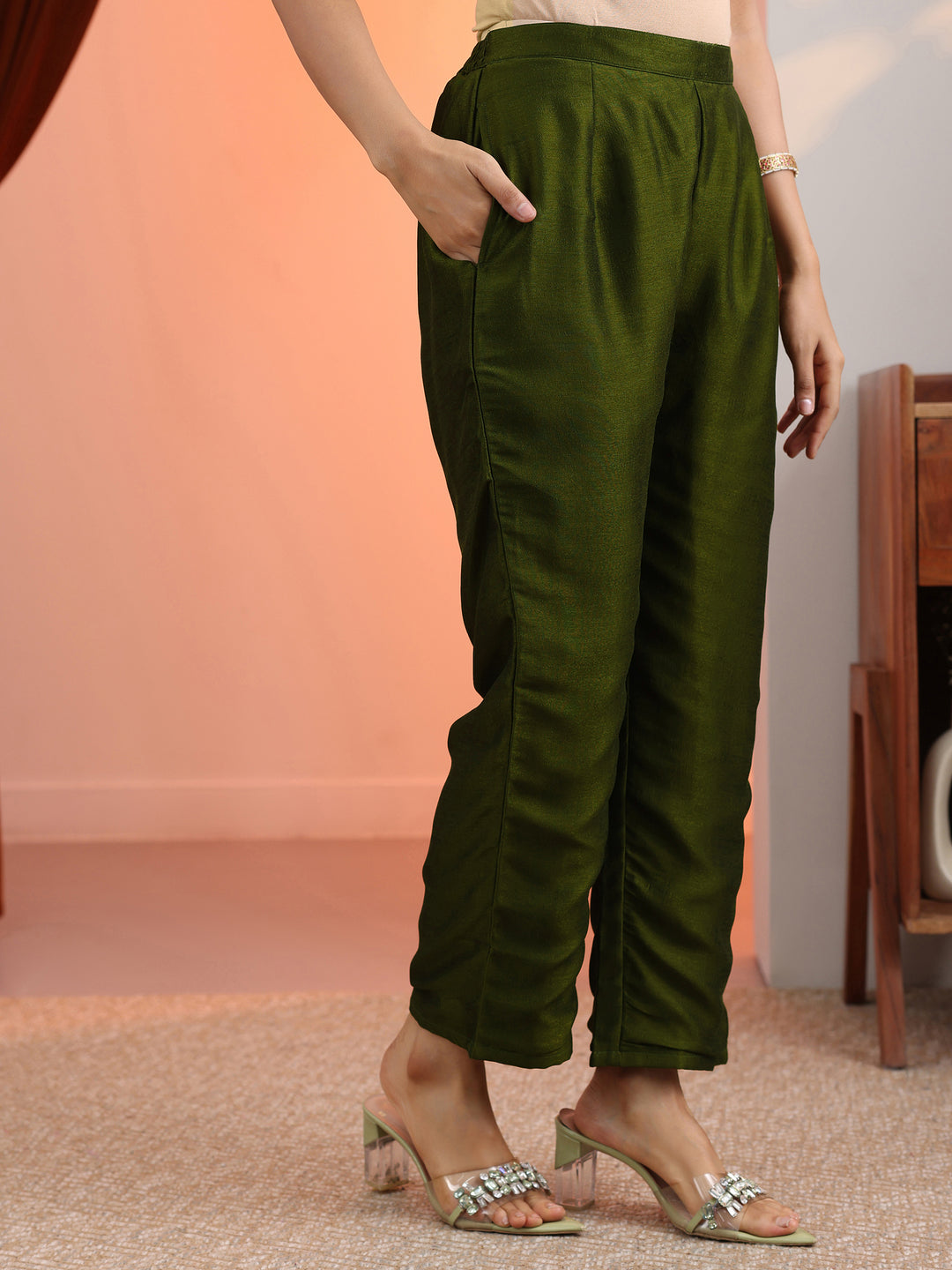 Olive Embroidered Chinon Straight Suit Set With Dupatta