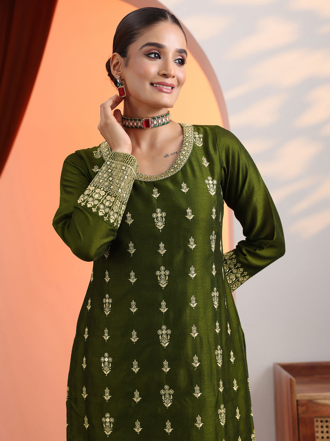 Olive Embroidered Chinon Straight Suit Set With Dupatta