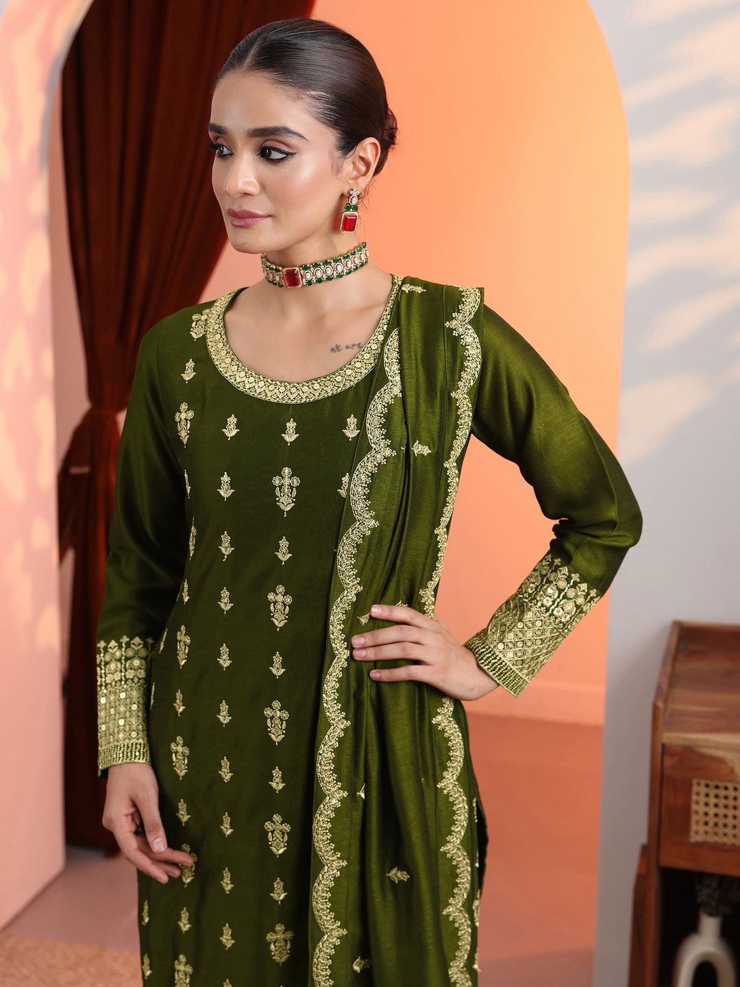 Olive Embroidered Chinon Straight Suit Set With Dupatta