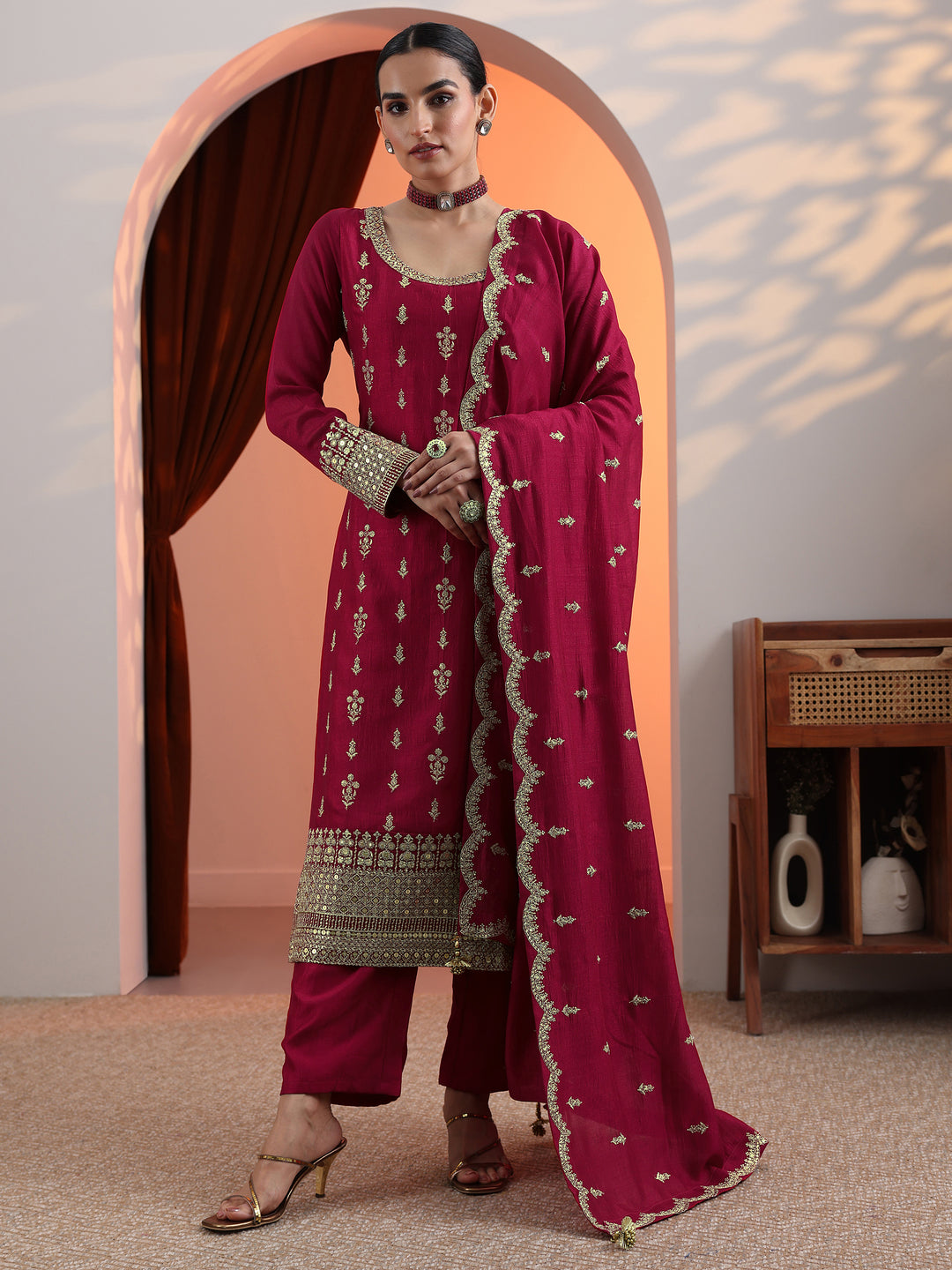 Pink Embroidered Chinon Straight Suit Set With Dupatta